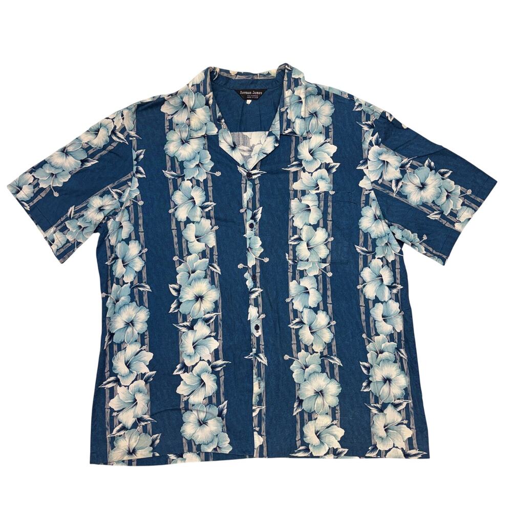 Vintage Norman James Hawaiian Mens Shirt 2XL XXL Blue Floral Aloha Camp USA Made